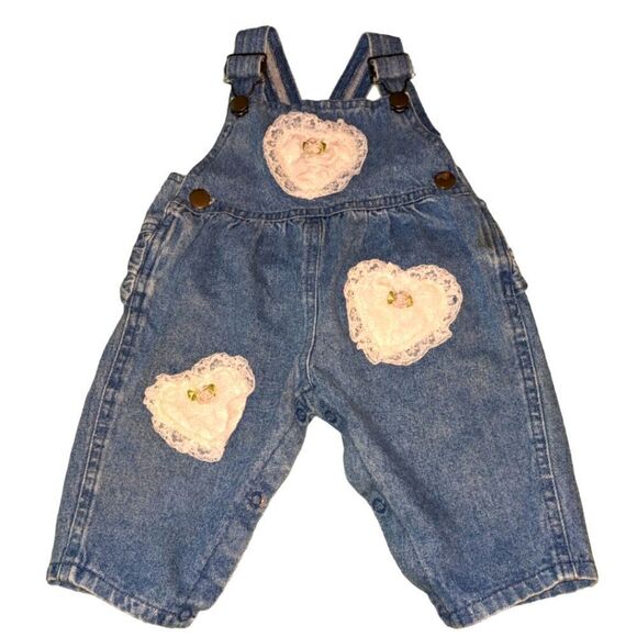 Hopscotch vintage denim overalls with embroidered heart lace patches size 6-9‎ - Picture 1 of 6